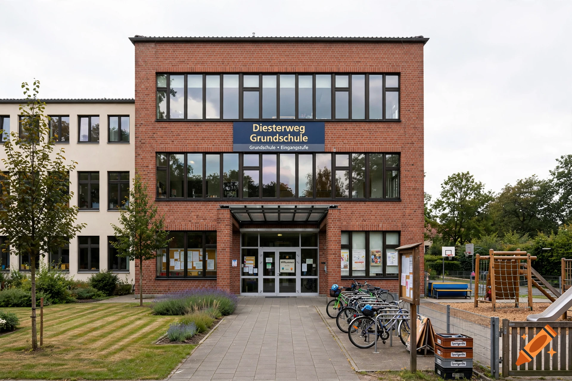 Photorealistic image of the Diesterweg Grundschule brick building with a paved walkway, bicycle rack, and playground in the foreground.