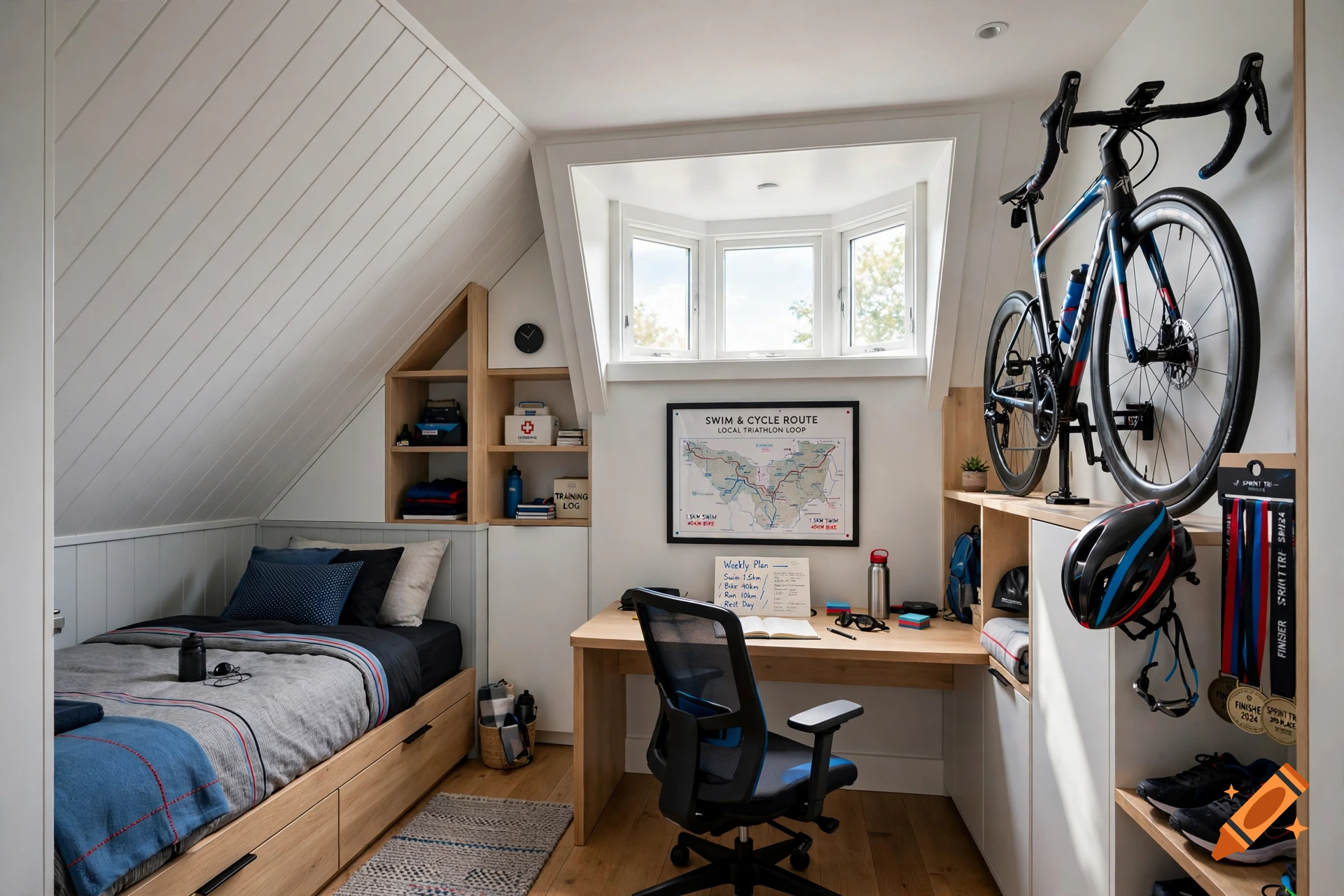 Photorealistic attic bedroom with a built-in desk, bicycle mounted on the wall, and triathlon-themed decor.