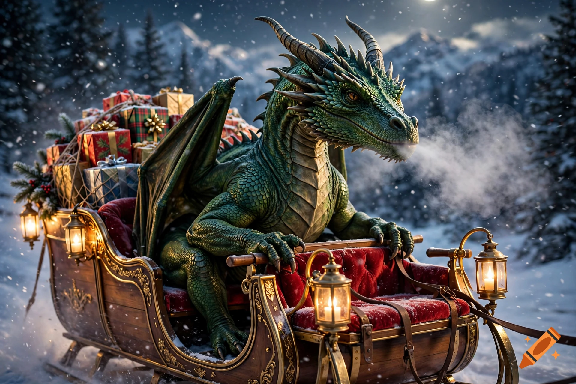 A large green dragon sitting in a Santa sleigh loaded with Christmas presents in a snowy mountain landscape, photorealistic.