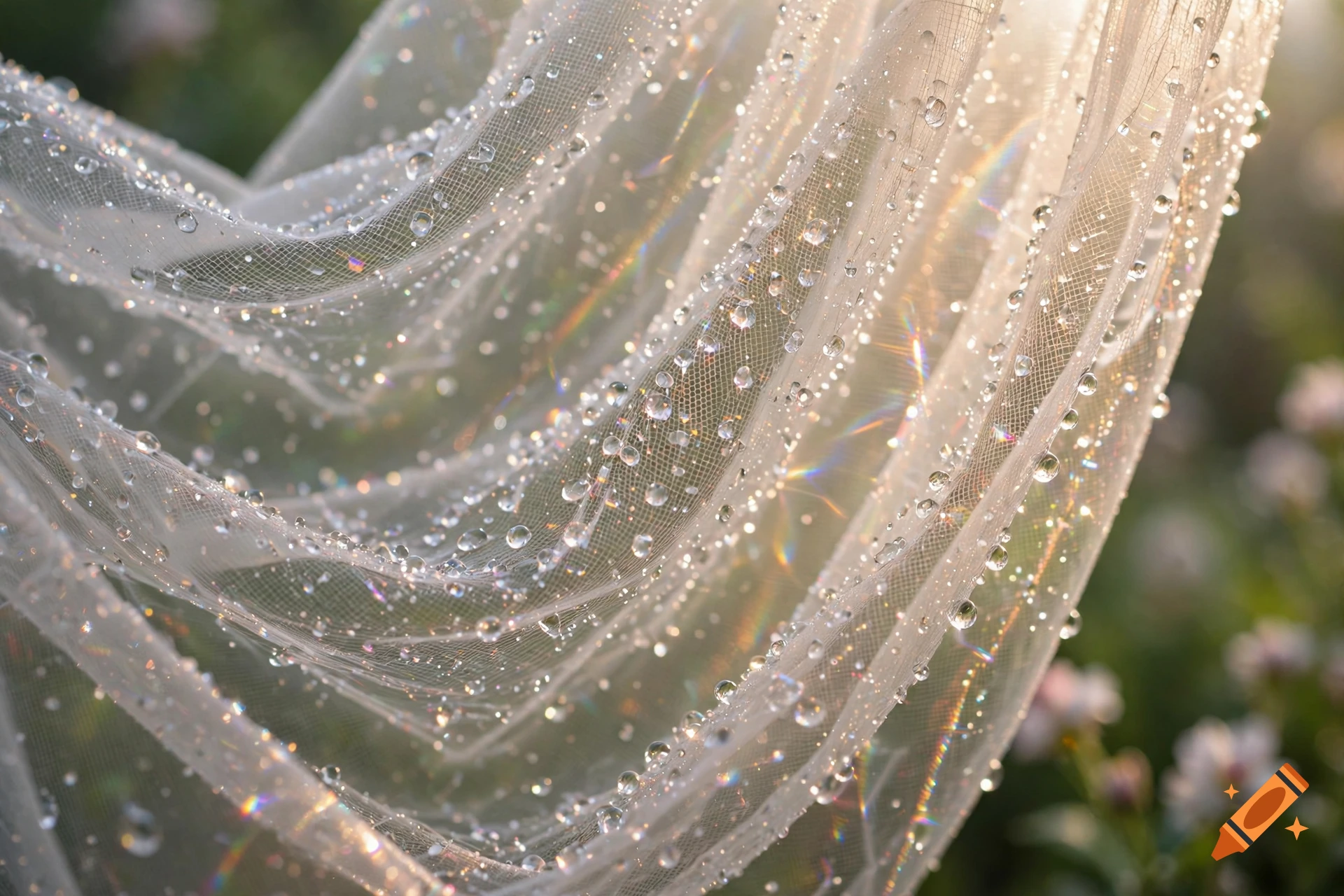 Close-up of a sheer fabric veil draped with sparkling dewdrops catching the sunlight, creating rainbow refractions.