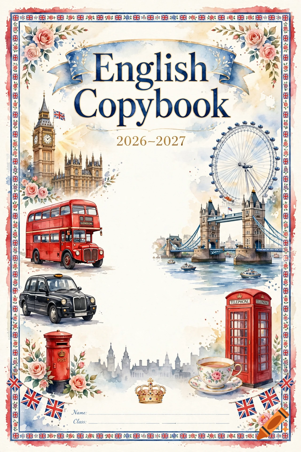 Watercolor illustration of an English copybook cover featuring iconic London landmarks like Big Ben, a red double-decker bus, and a telephone booth.