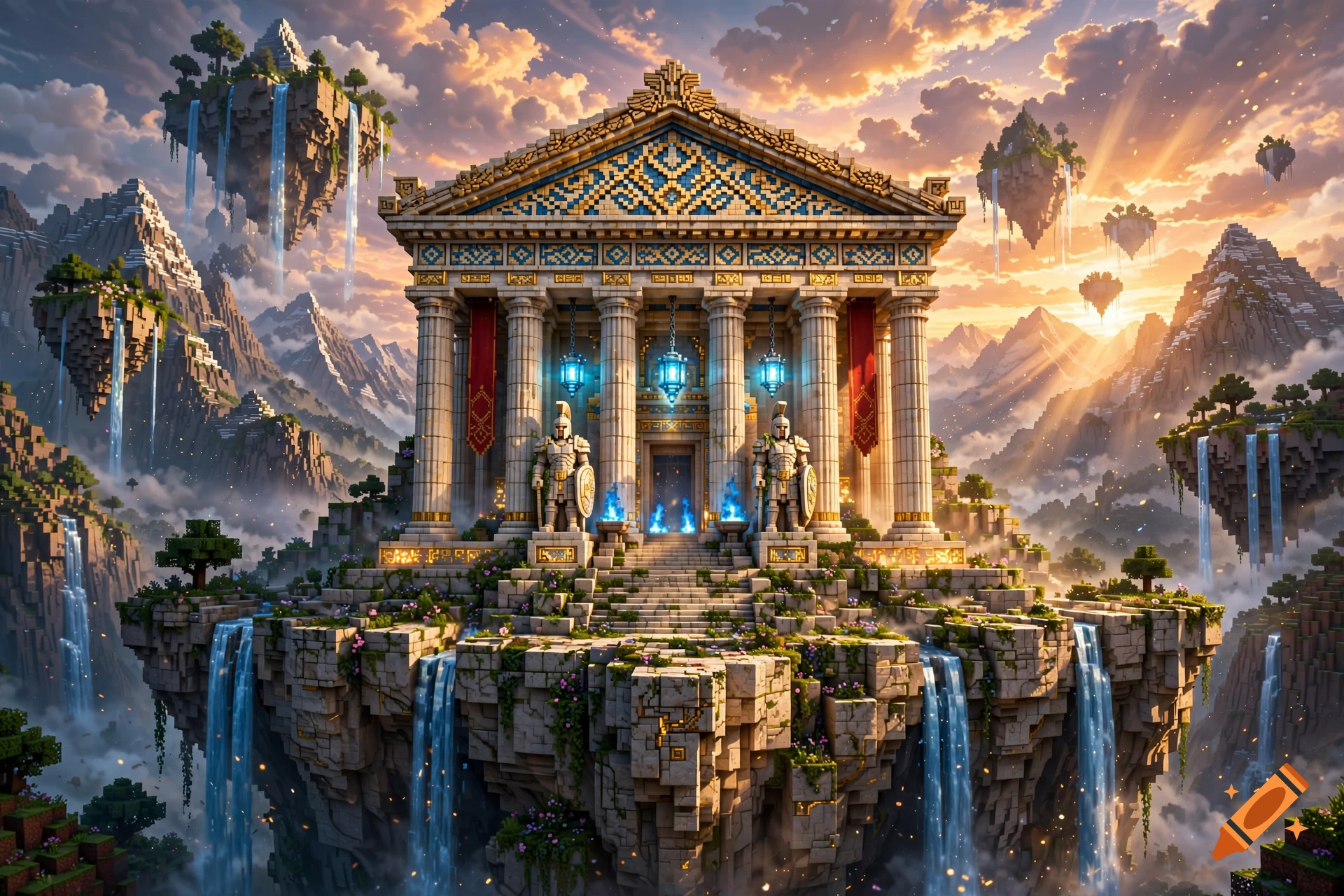 High fantasy Minecraft-style Roman temple perched on a floating island with waterfalls at sunset.