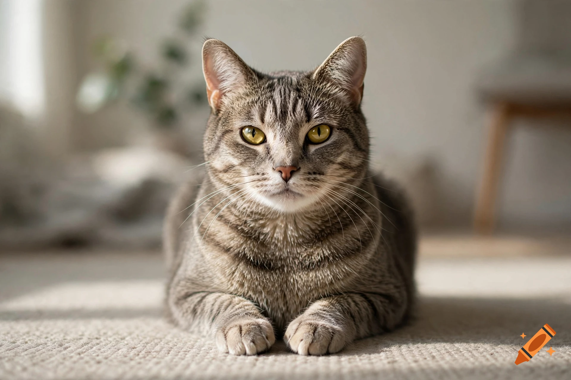 Photorealistic close-up of a tabby cat lying down on a carpeted floor, looking directly at the camera with yellow-green eyes.