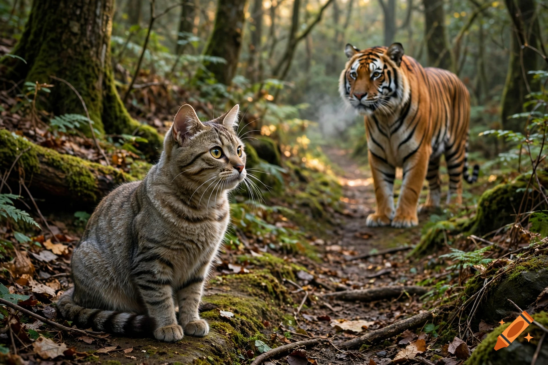Photorealistic image of a tabby cat sitting on a mossy forest path while a tiger approaches in the background.