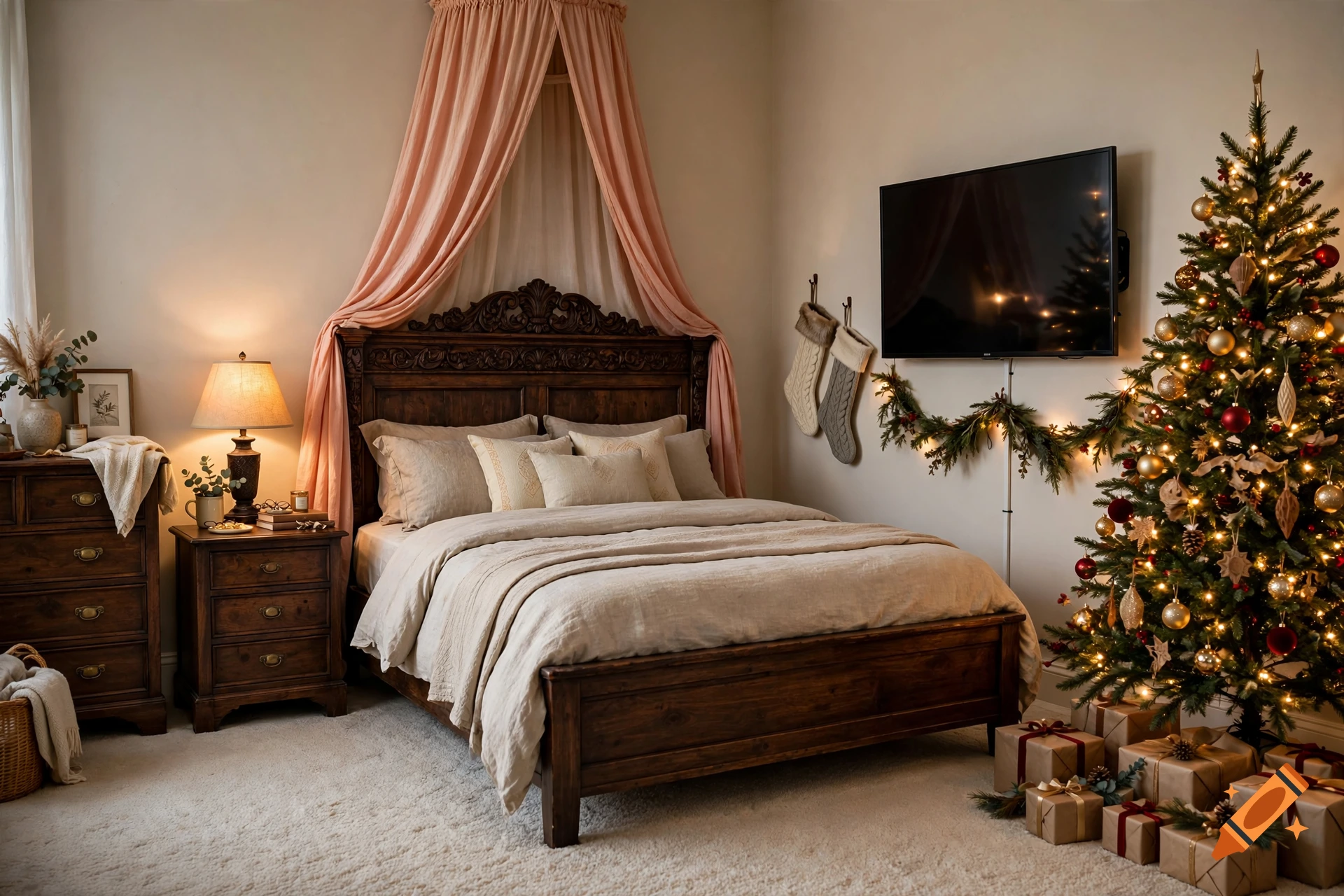Photorealistic cozy bedroom decorated for Christmas with a lit tree, wooden bed, peach canopy, and wall-mounted TV.