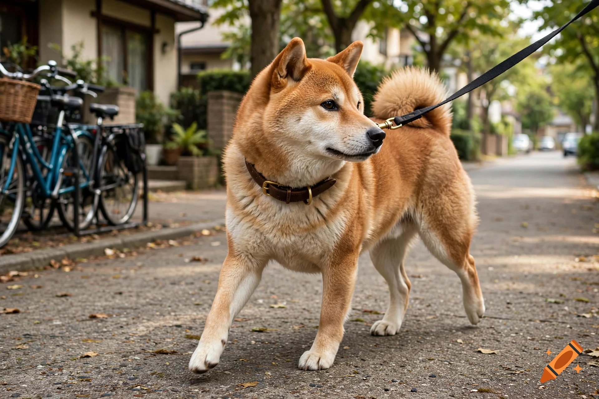 Photorealistic image of a large Shiba Inu dog walking on a paved path with a leash, outdoors near houses and bicycles.