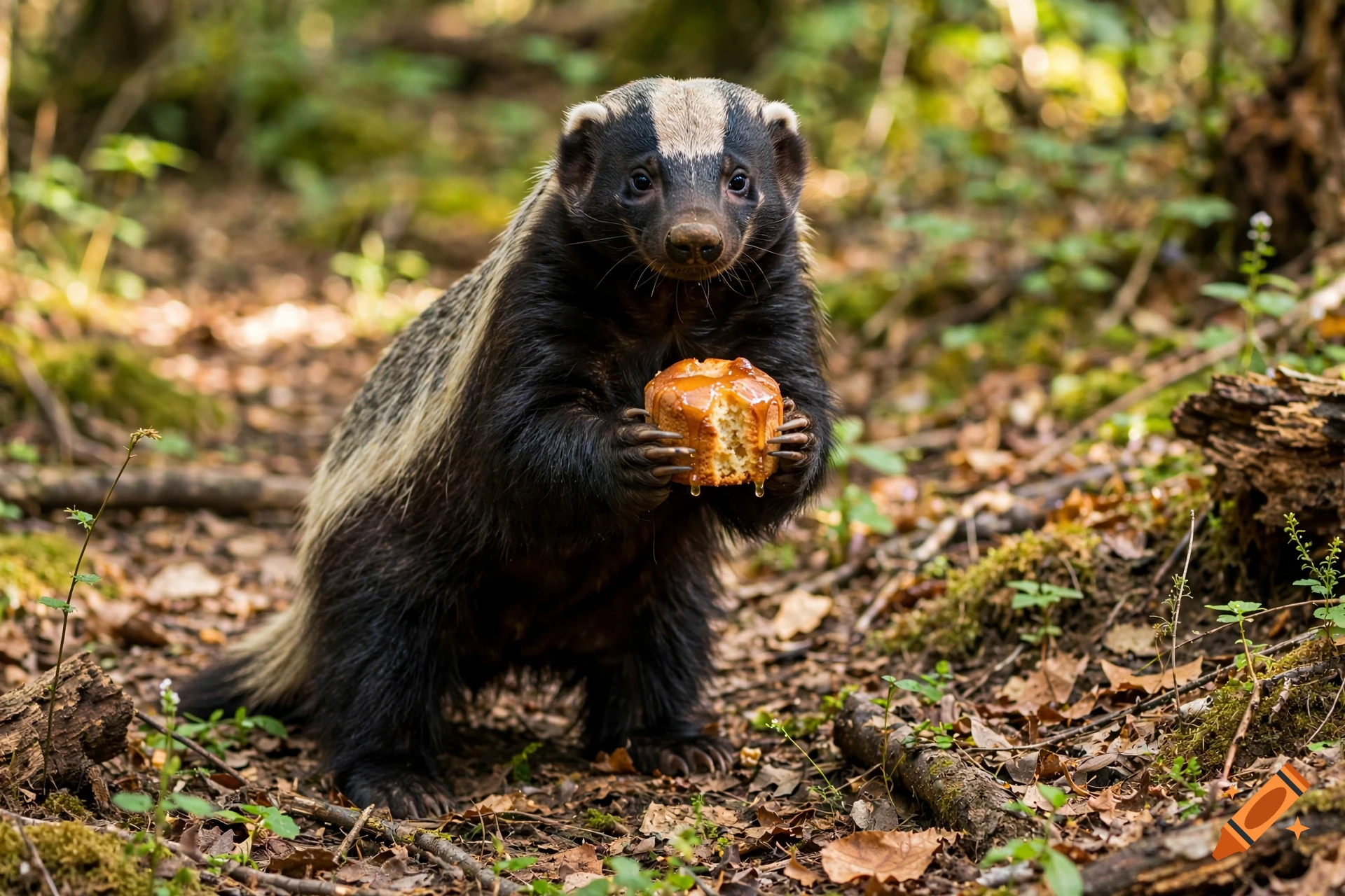Photorealistic image of a honey badger standing upright in a forest, holding and eating a small cake covered in honey.