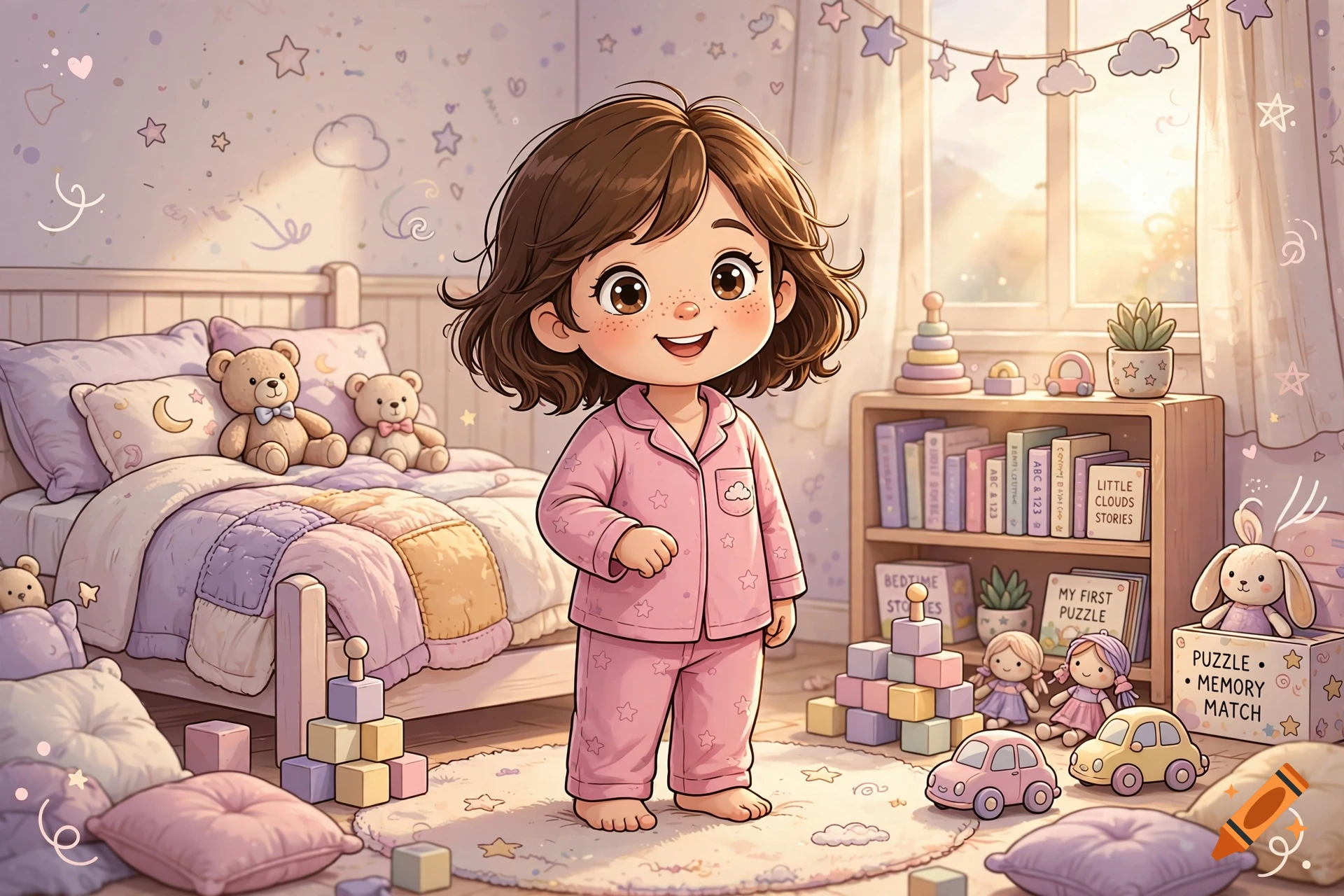 Digital illustration of a smiling 4-year-old girl in pink pajamas standing in a cozy child's bedroom filled with toys and books.