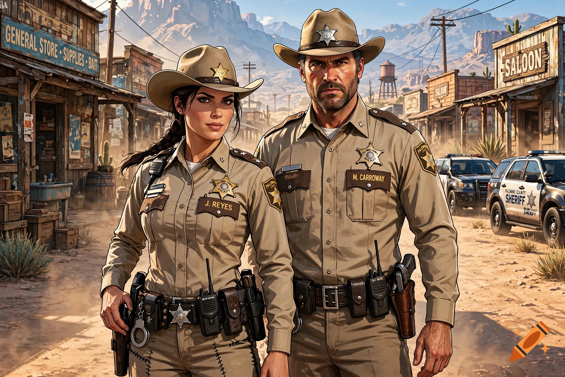 AI-generated GTA5 style image of a male and female sheriff standing in front of a wild west town with police cars.
