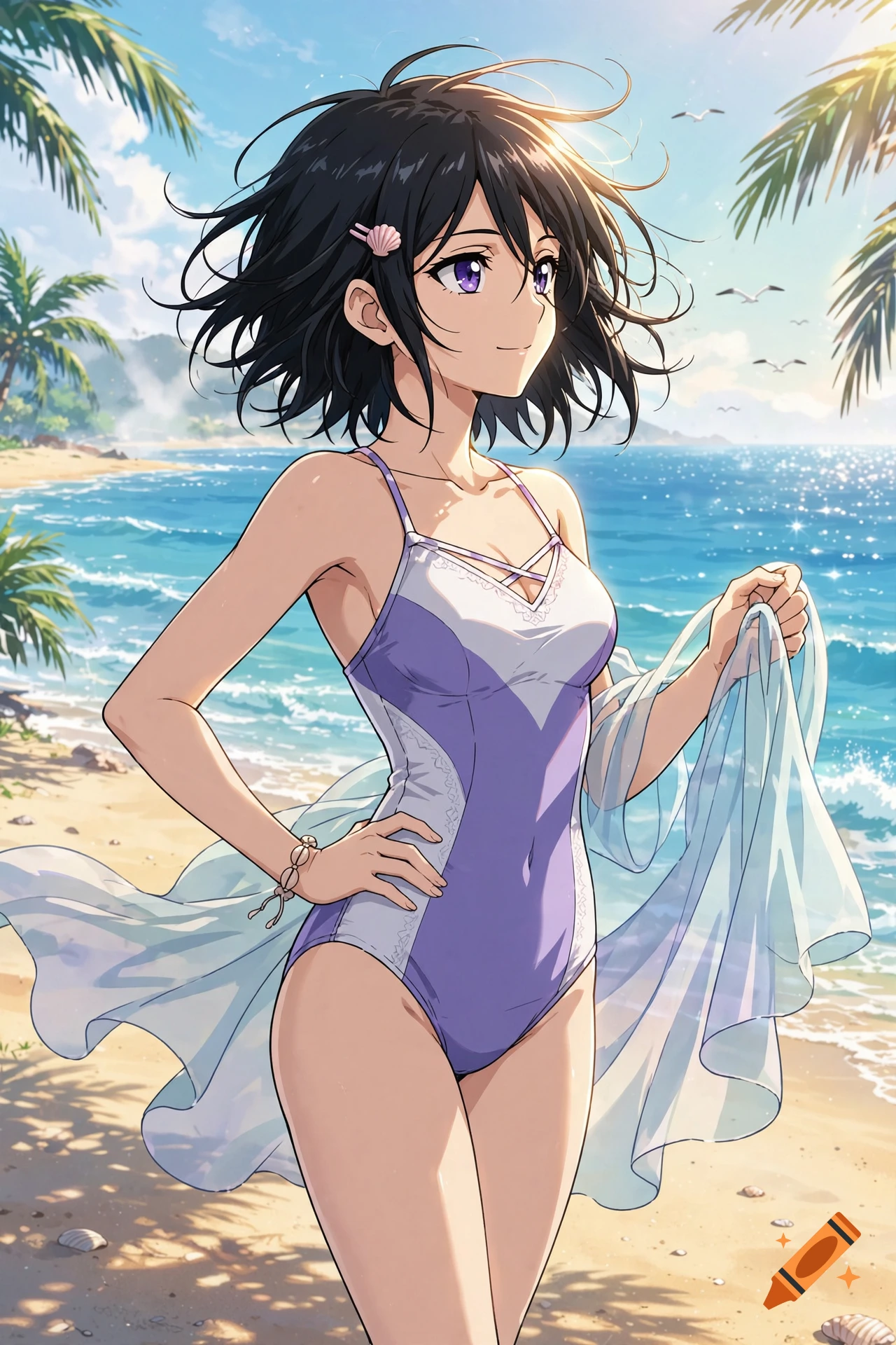 Anime style illustration of a woman with dark hair wearing a purple swimsuit at a sunny beach.