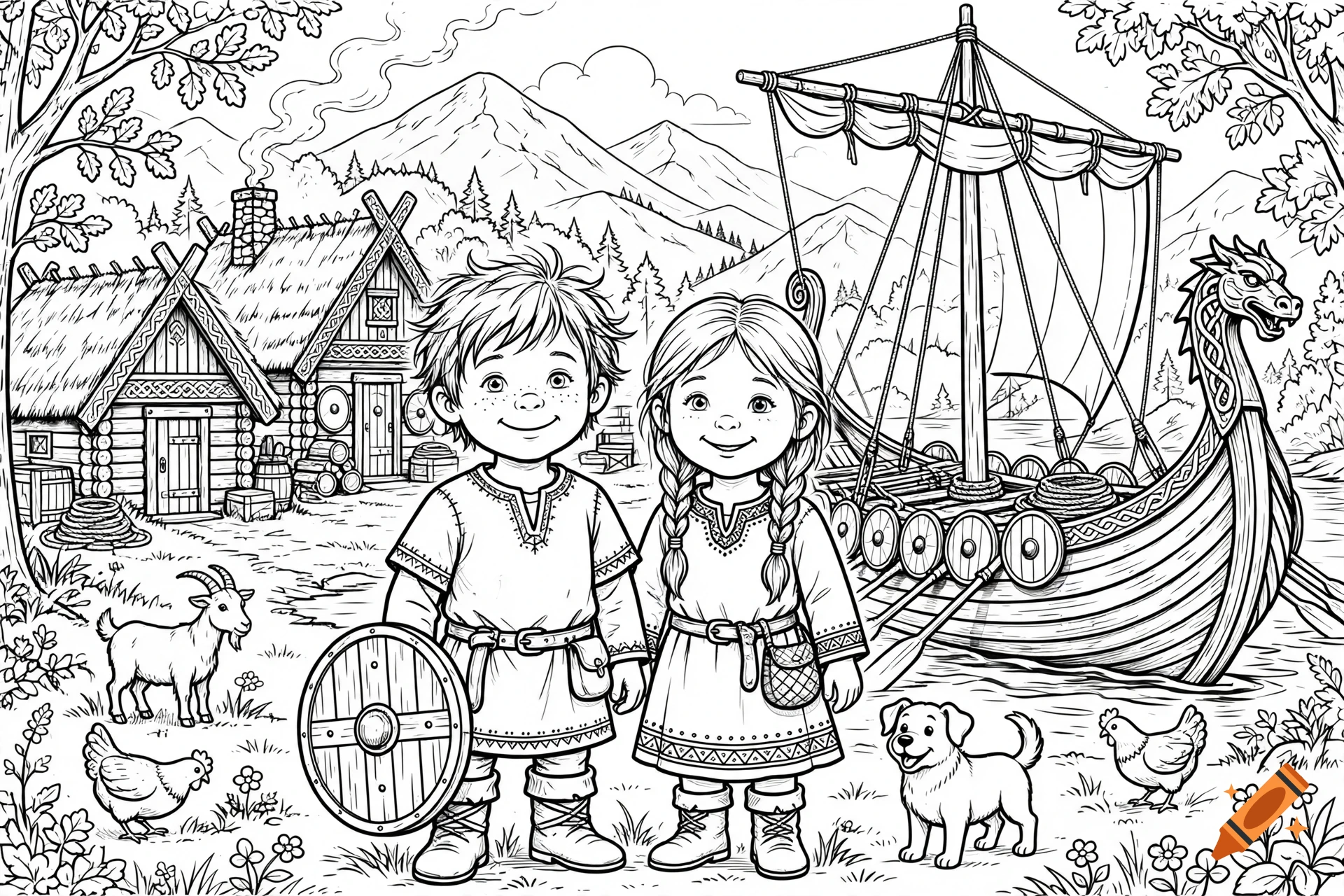 Black and white children coloring book page featuring a Viking boy and girl standing in front of a longship and village.