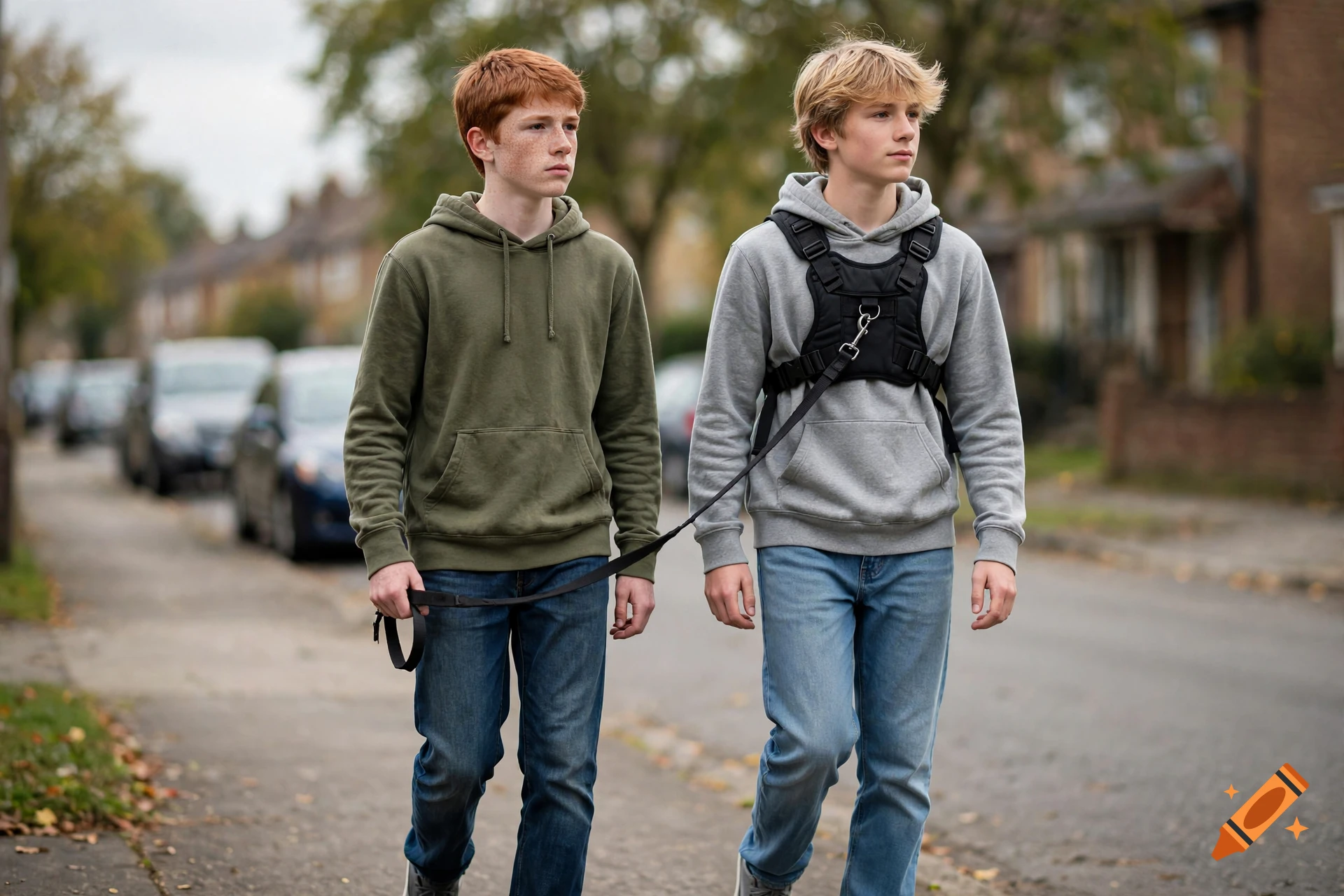 Photorealistic image of two teenage boys walking down a suburban street, one ginger in an olive hoodie holding a leash attached to the other blonde boy wearing a black harness over a grey hoodie.