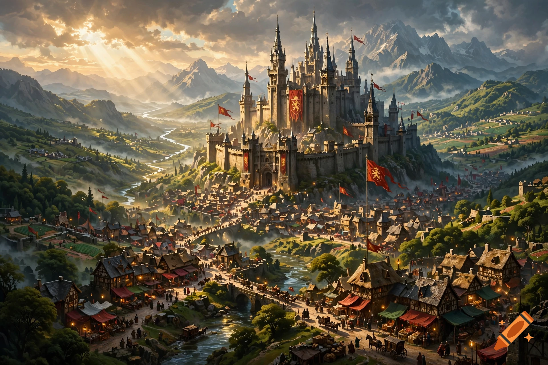 Digital painting of a sprawling medieval fantasy kingdom with a grand mountaintop castle overlooking a bustling village and river valley at sunset.