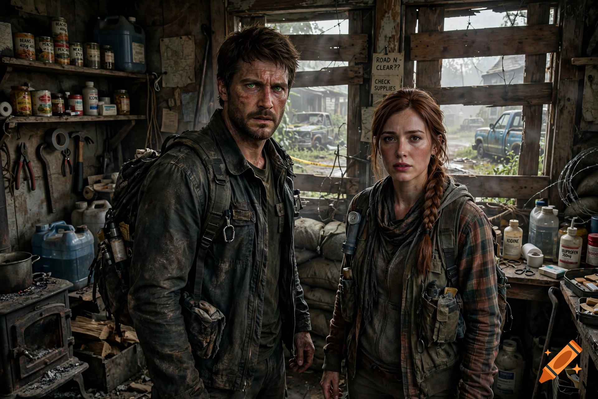 Photorealistic post-apocalyptic scene featuring a man and woman in a cluttered, ruined shelter.