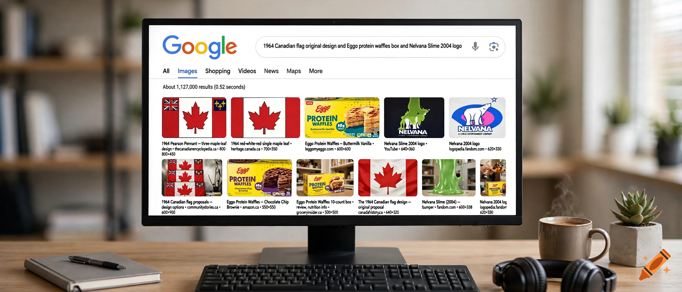A computer monitor displaying a Google image search results page on a wooden desk with a keyboard, headphones, and a potted plant.