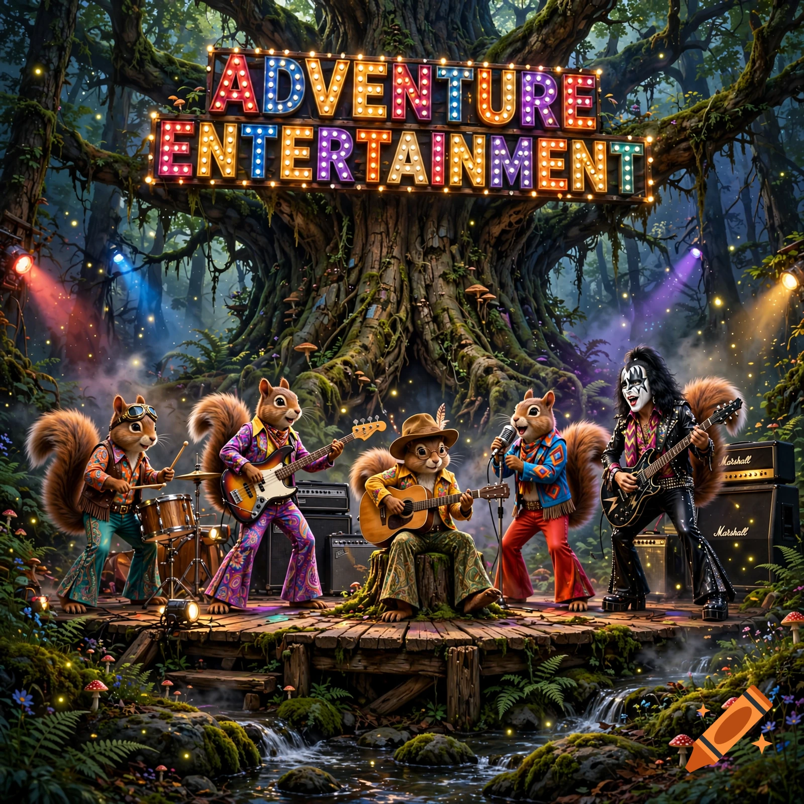 An AI-generated fantasy scene of an anthropomorphic squirrel rock band playing instruments on a stage in front of a giant tree.