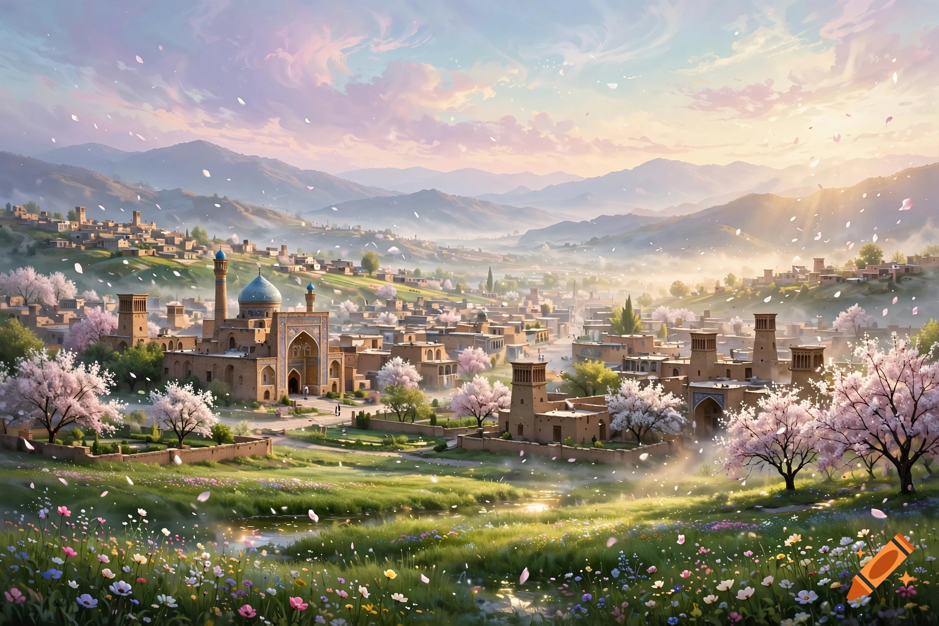 Dreamlike digital painting of a picturesque Iranian town with traditional architecture and blooming spring trees in a valley.