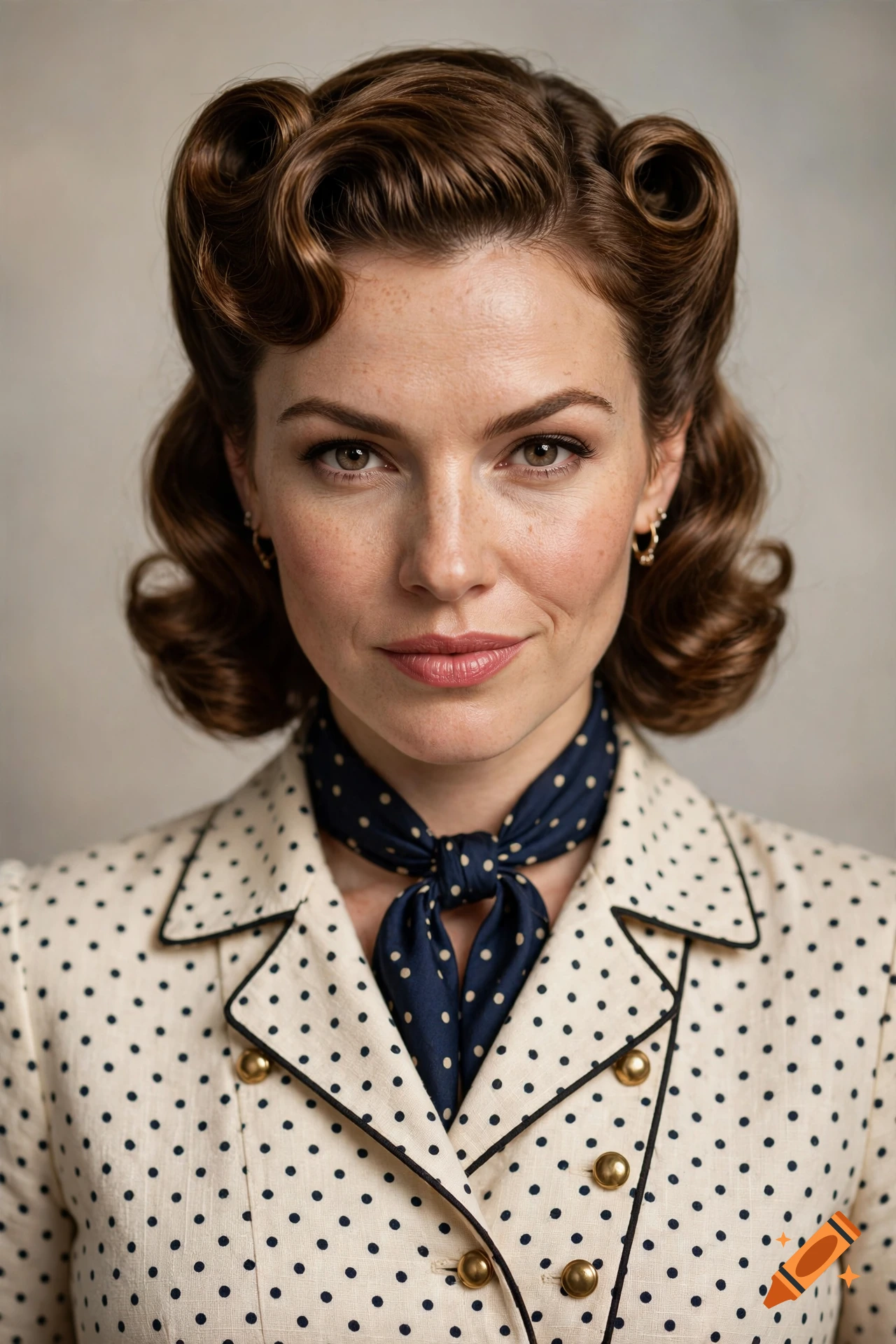 Photorealistic portrait of a woman with 1940s-style victory rolls hairstyle, freckles, and a polka-dot blouse with a blue scarf.