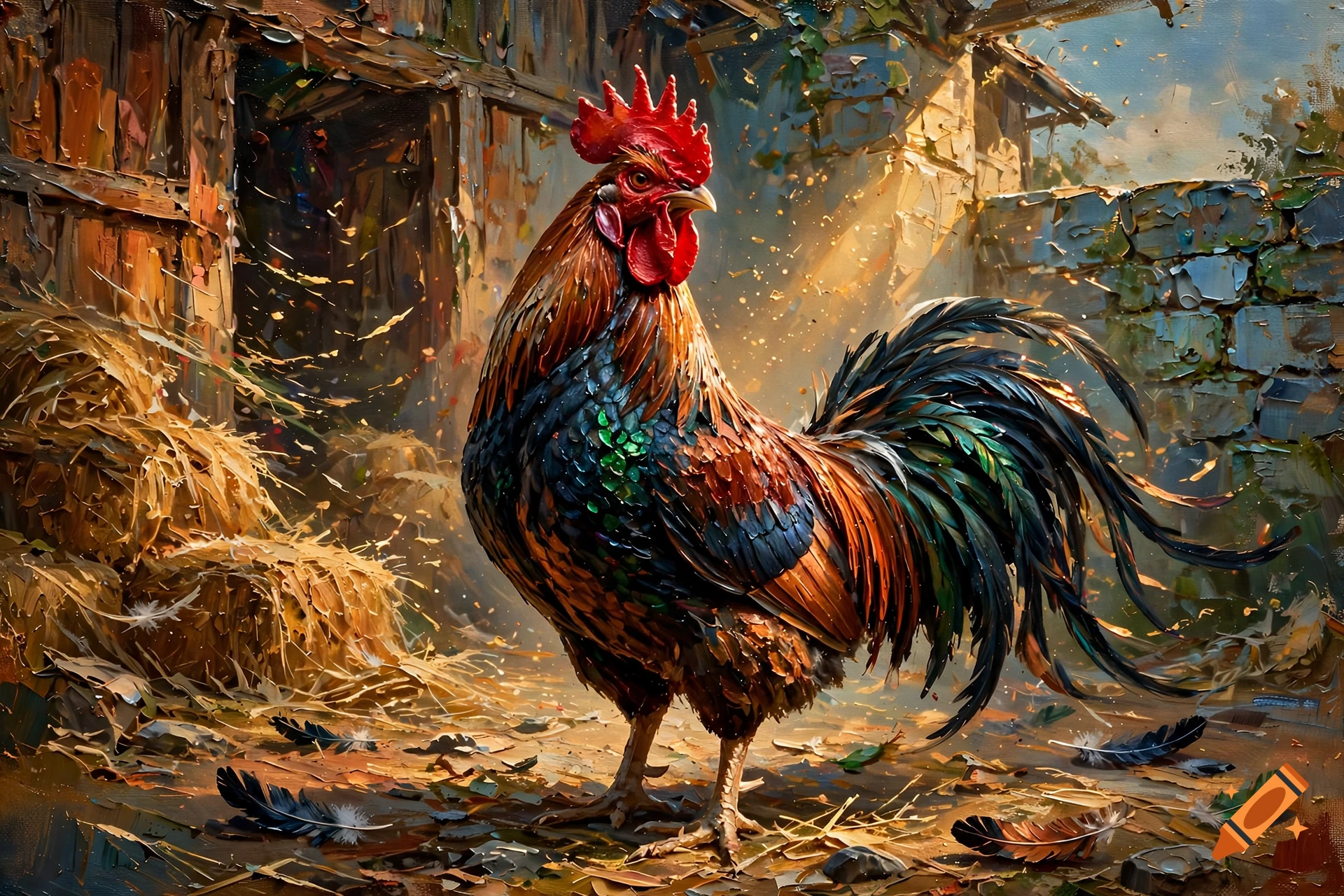 Impasto oil painting of a colorful rooster standing in a rustic barn courtyard with hay and feathers.