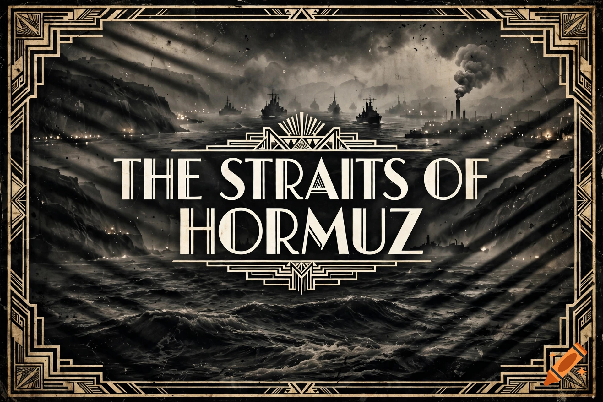Vintage film noir title card reading THE STRAITS OF HORMUZ with battleships at sea in black and white.