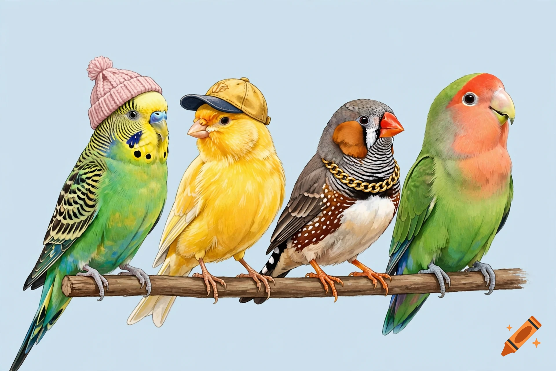 Four colorful pet birds wearing accessories like a pink beanie, a yellow cap, and a gold chain, sitting on a branch against a light blue background, illustrated style.