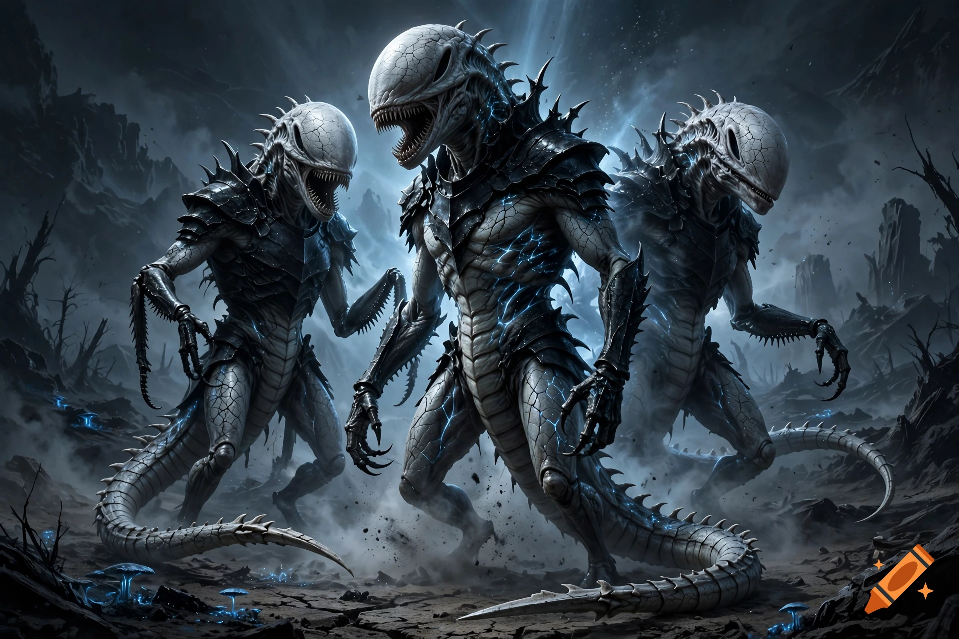 Three tall, alien humanoid creatures with pale cracked skin, black chitin armor, and glowing blue veins in a dark, rocky landscape.