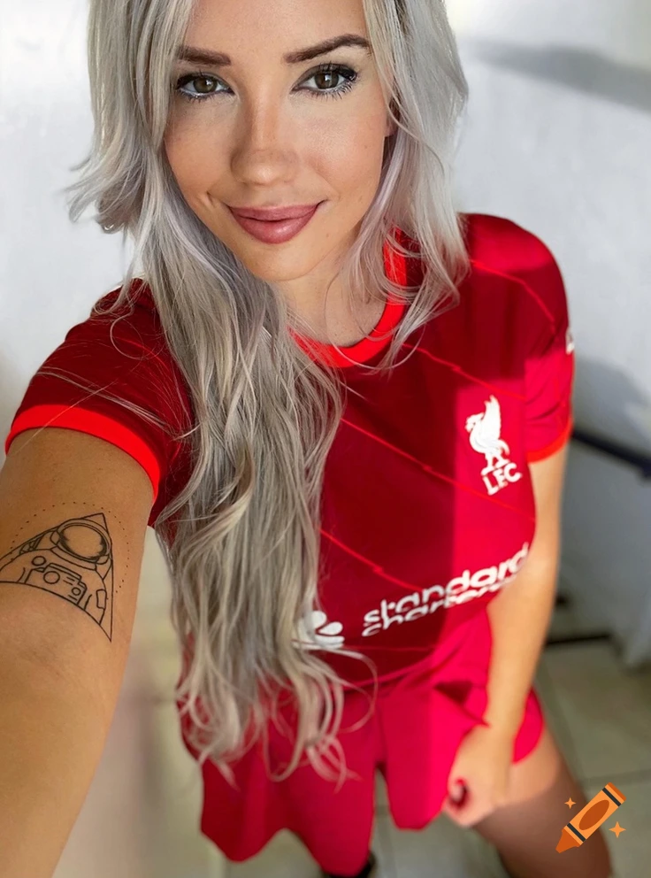 Photorealistic selfie of a woman with white hair wearing a red soccer jersey with sponsor logos and an astronaut tattoo on her arm.