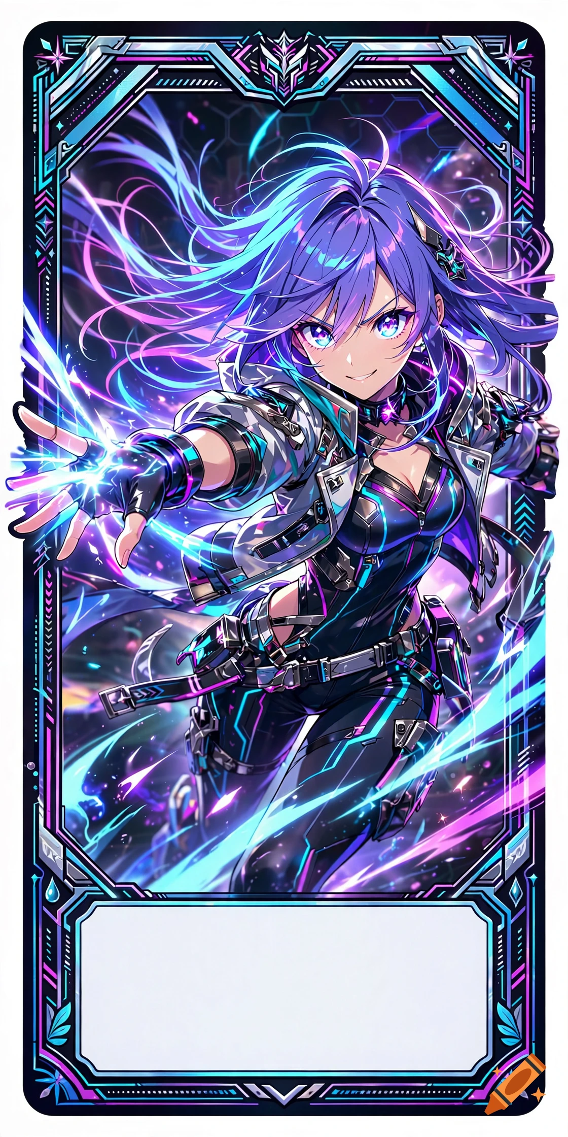 Vibrant anime-style illustration of a girl with glowing purple hair and energetic pose inside a decorated neon frame.