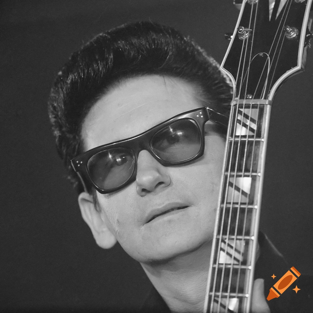 Black and white close-up portrait of Roy Orbison wearing sunglasses and holding a guitar neck.