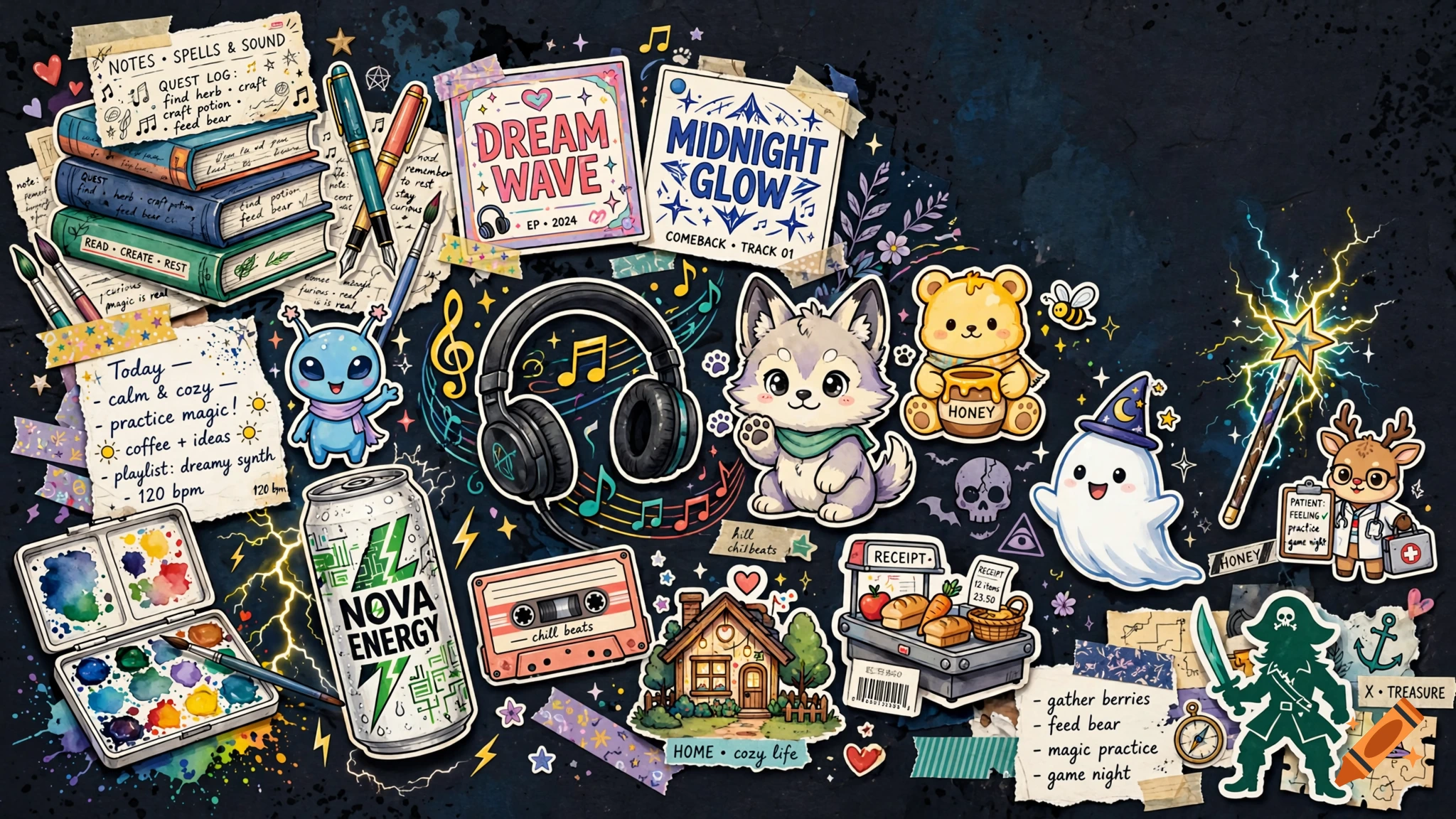Digital illustration of a cozy scrapbook aesthetic with stickers, doodles, headphones, a wolf mascot, and journal notes.