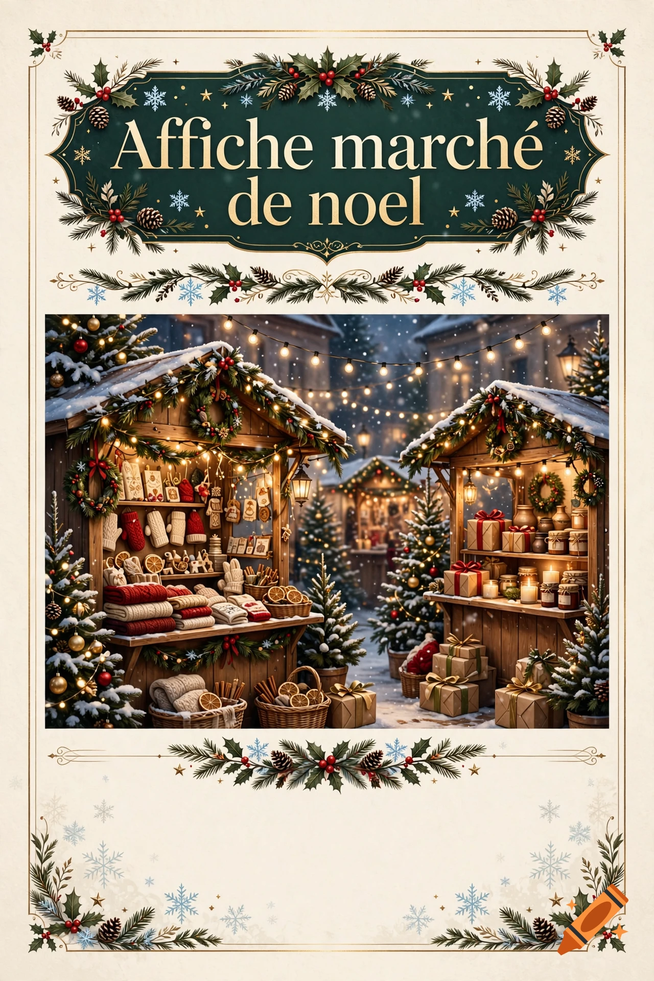 A festive Christmas market poster featuring wooden stalls decorated with lights, gifts, and winter greenery.