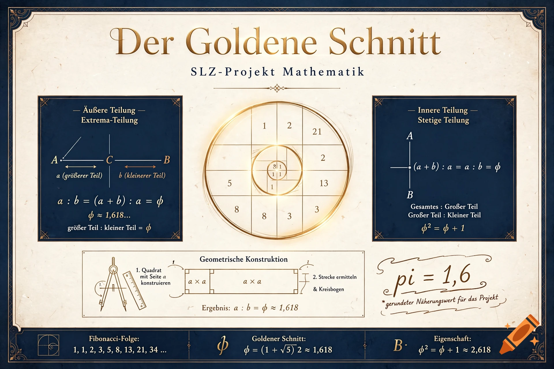 Educational poster detailing the Golden Ratio in German, featuring mathematical diagrams, formulas, and a golden spiral.