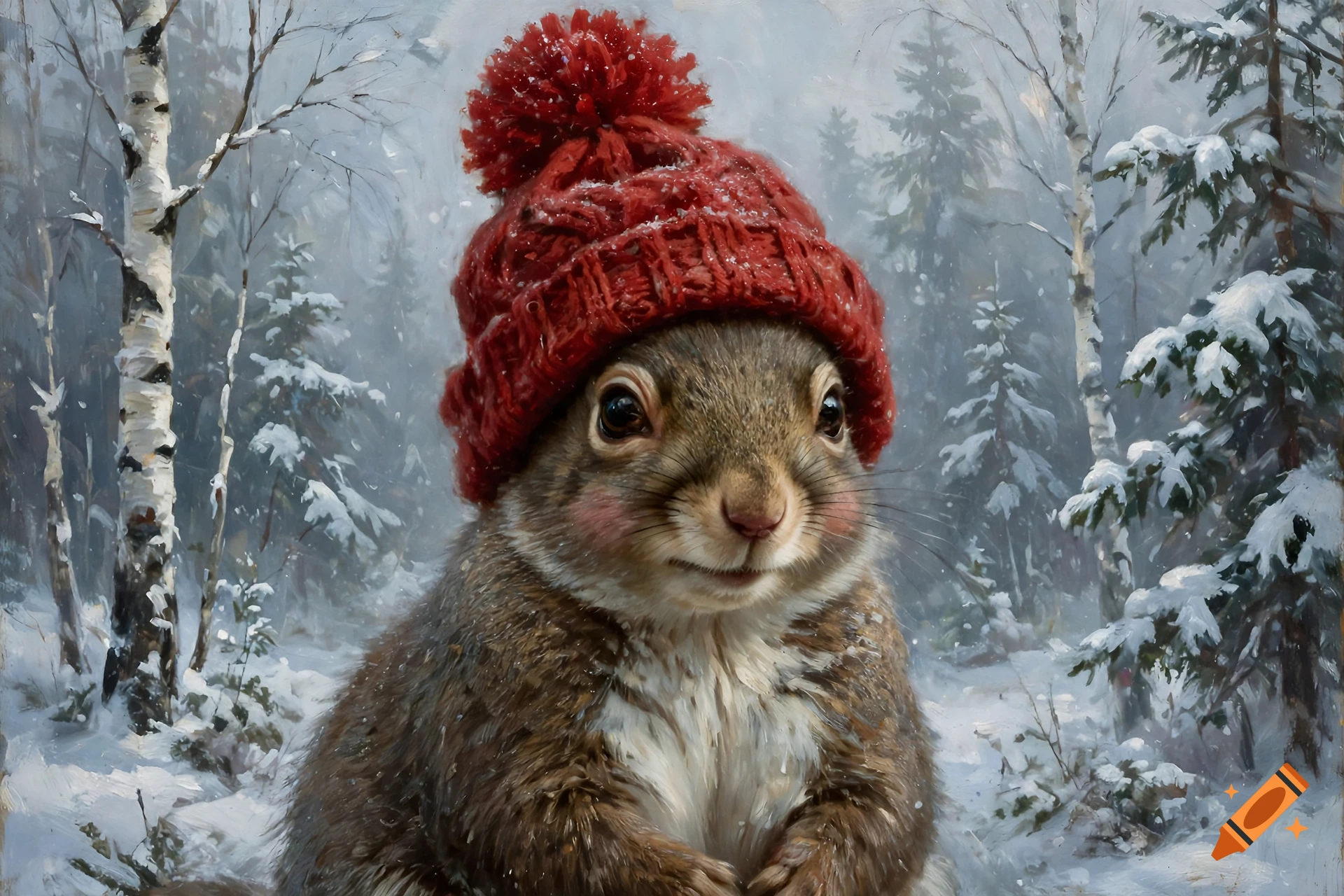 Oil painting of a squirrel wearing a red knit winter hat in a snowy forest.