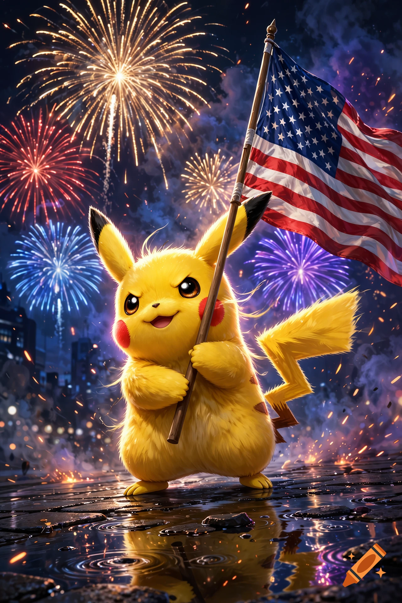 Pikachu holding an American flag with fireworks exploding in the night sky, digital art