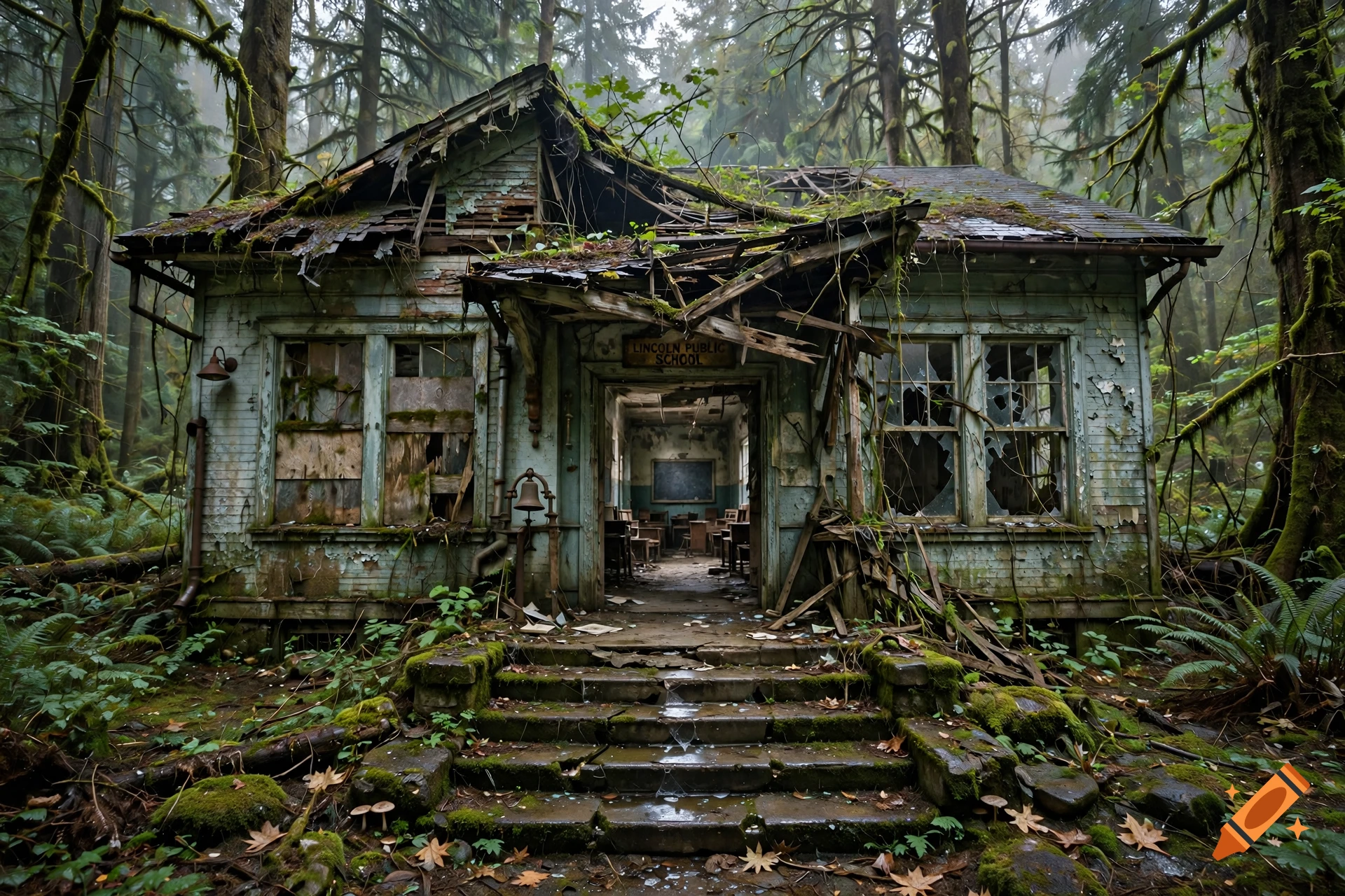 An abandoned, moss-covered wooden school building in the middle of a dense, misty forest, photorealistic.