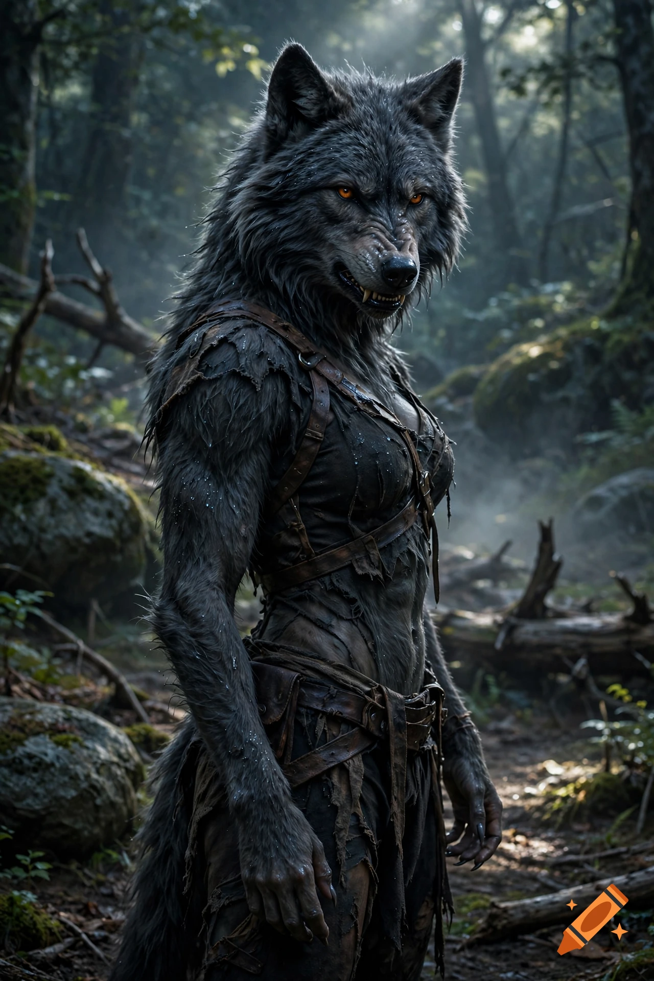 Photorealistic image of a female werewolf with glowing amber eyes standing in a misty forest.