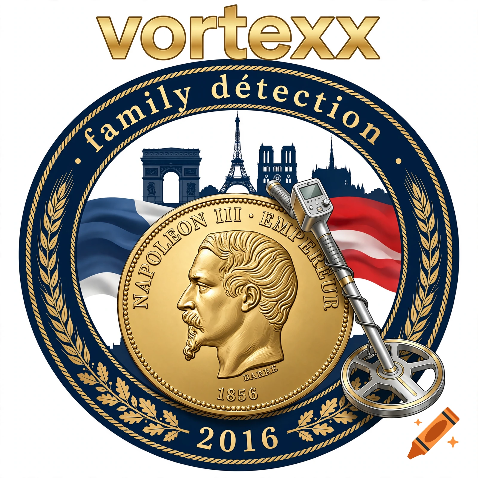 Round logo with 'vortexxx', 'family détection', a Napoleon III coin, French monuments, and a metal detector.