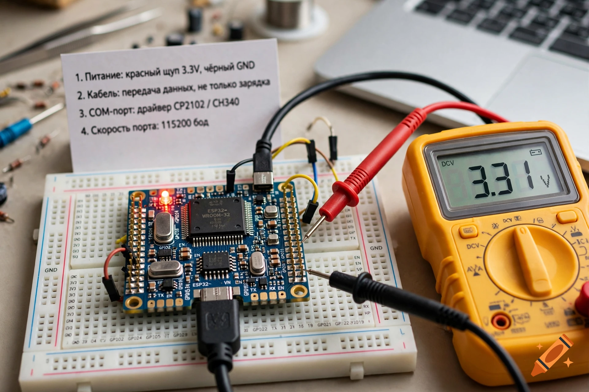 Photorealistic close-up of an ESP32 microcontroller on a breadboard with a digital multimeter displaying 3.31V.