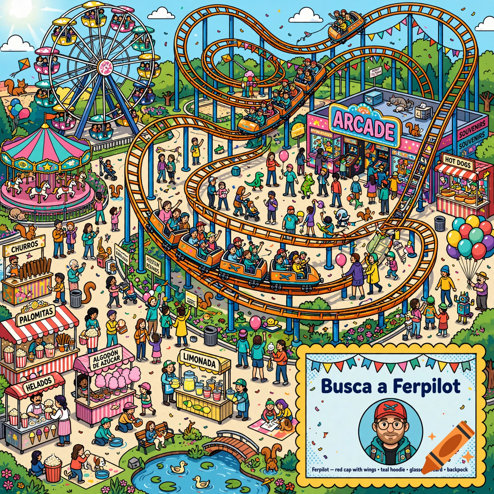 Detailed vector-style editorial hidden object illustration of a bustling amusement park with a roller coaster and arcade.