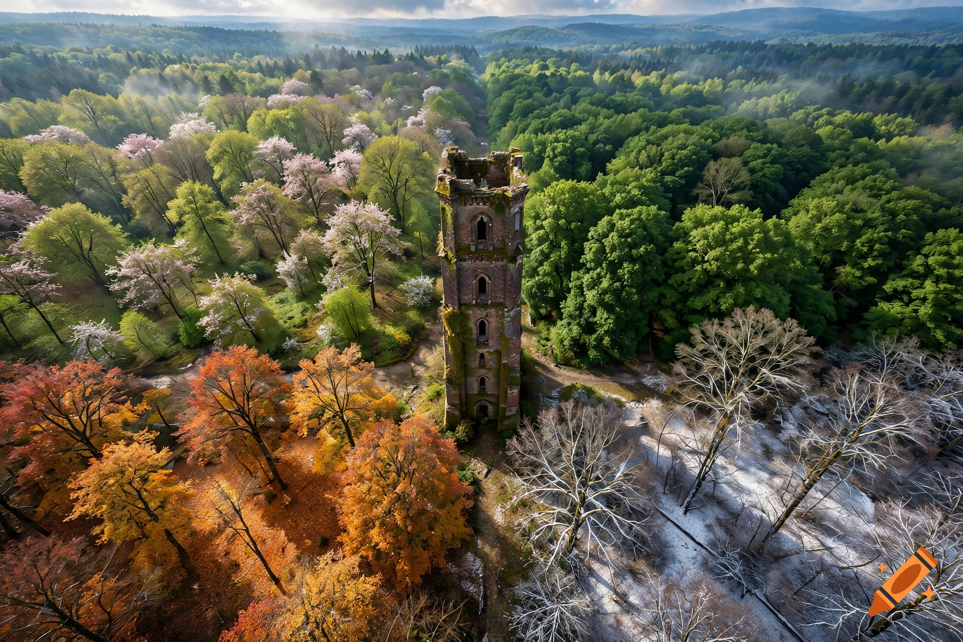Aerial view of an old stone tower in a forest divided into four sections representing different seasons.