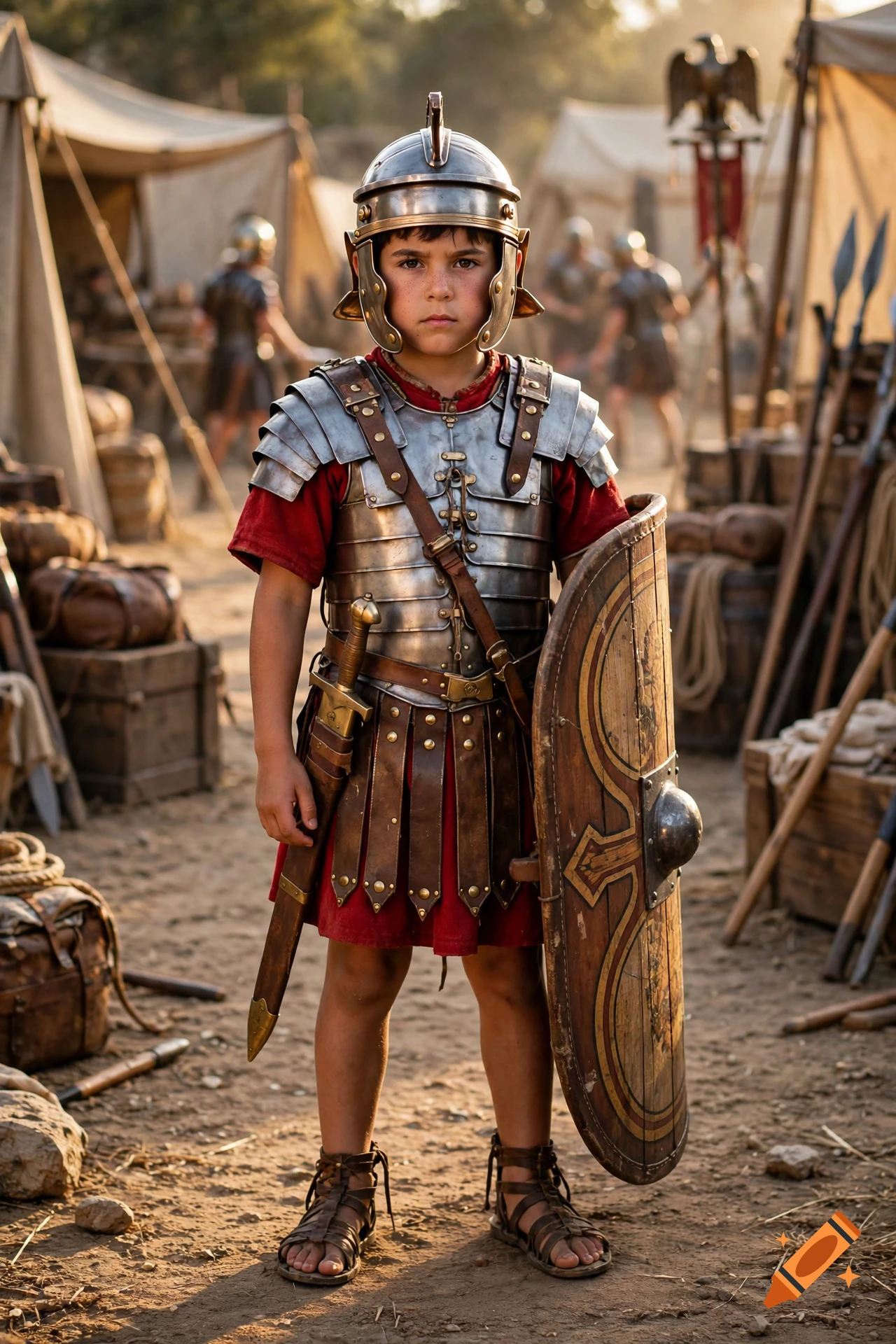 Photorealistic image of a young boy dressed in Roman legionary armor and helmet, holding a shield and sword in a military camp.