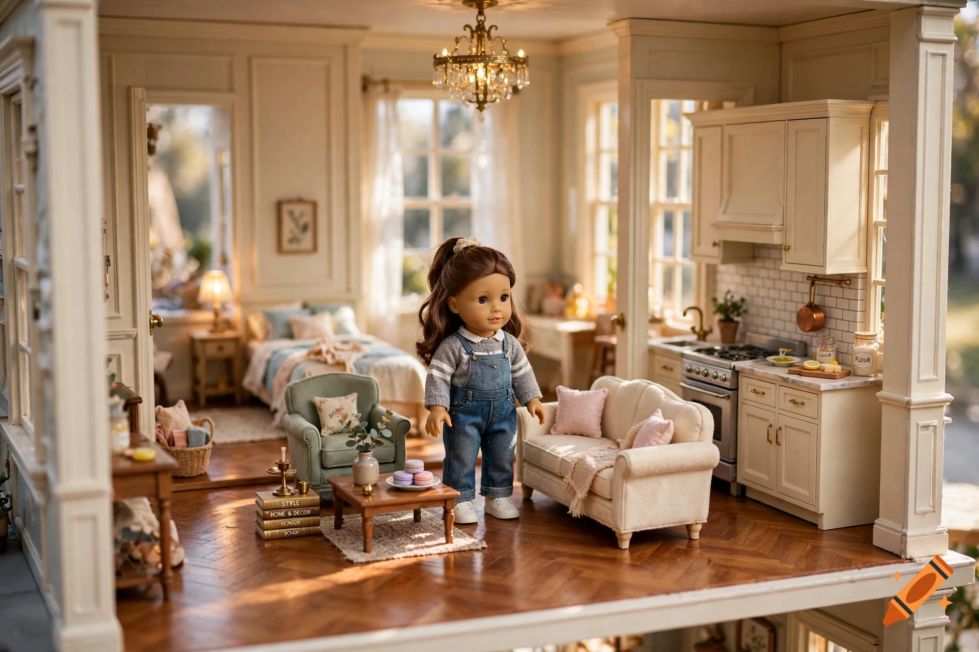 An American Girl doll standing inside a detailed, multi-room miniature dollhouse with a living room, bedroom, and kitchen.
