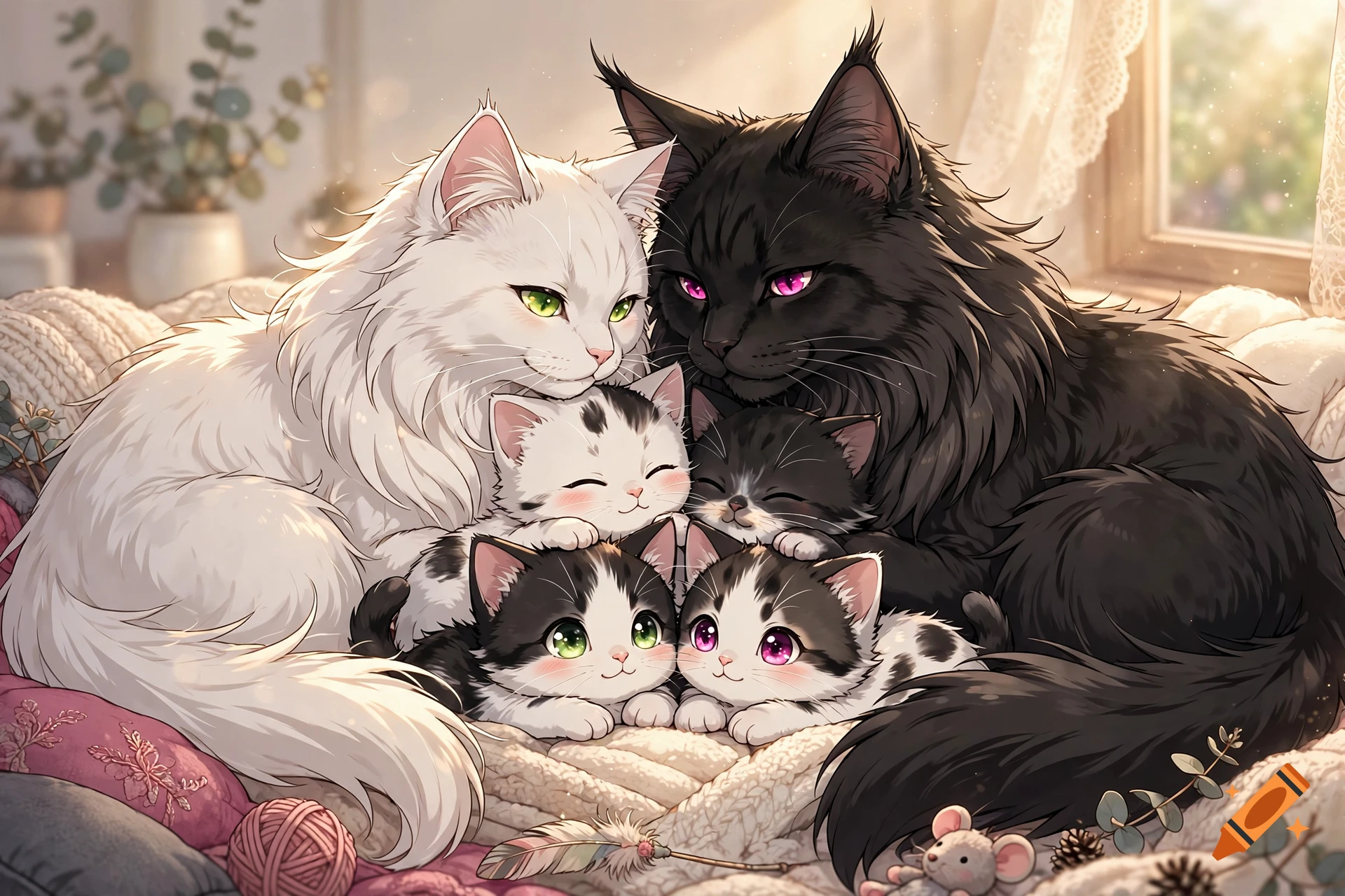 Anime style illustration of a white Turkish Angora cat and a black Maine Coon cat cuddling with four adorable kittens on a cozy blanket.