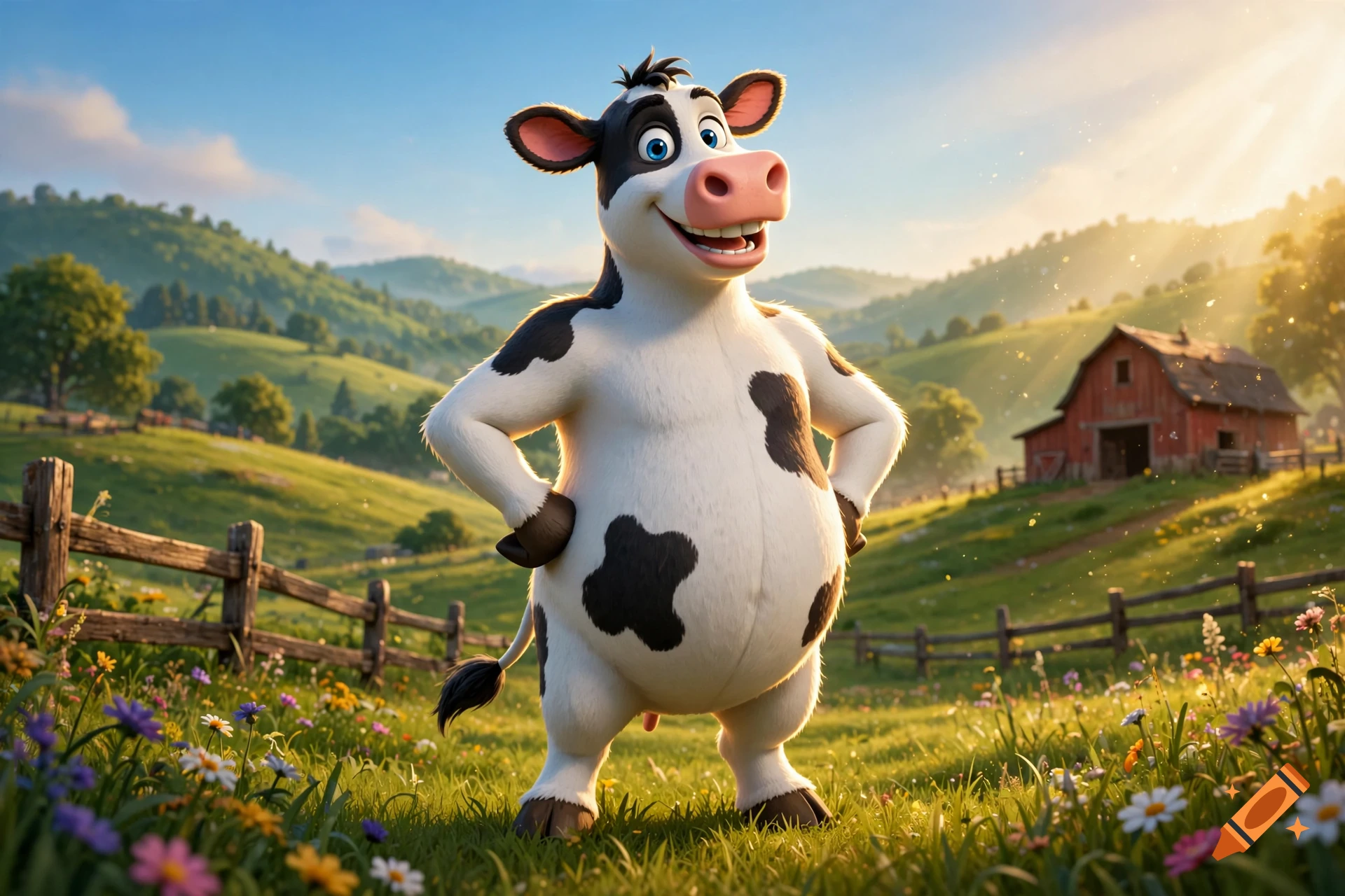 A cartoon cow standing with hands on hips in a sunny pasture with a red barn in the background.