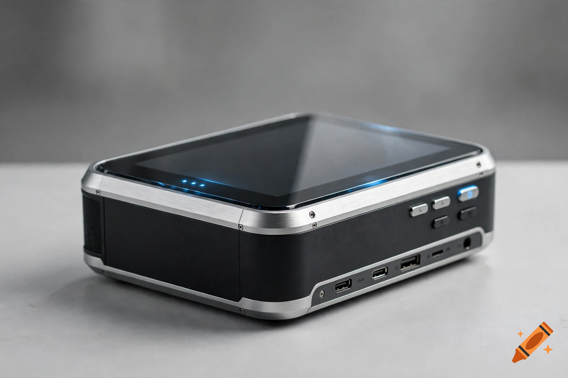 A sleek modern electronic device with a touch screen, silver metallic trim, and various ports on the front.