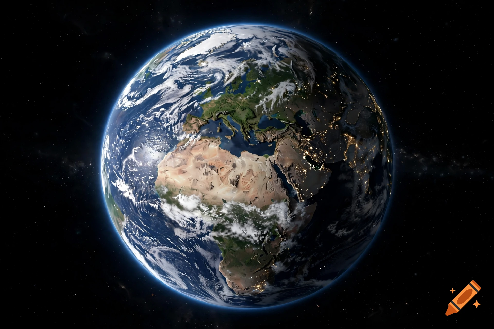 Photorealistic view of planet Earth from space, showing Europe, Africa, and city lights on the night side against a starry backdrop.