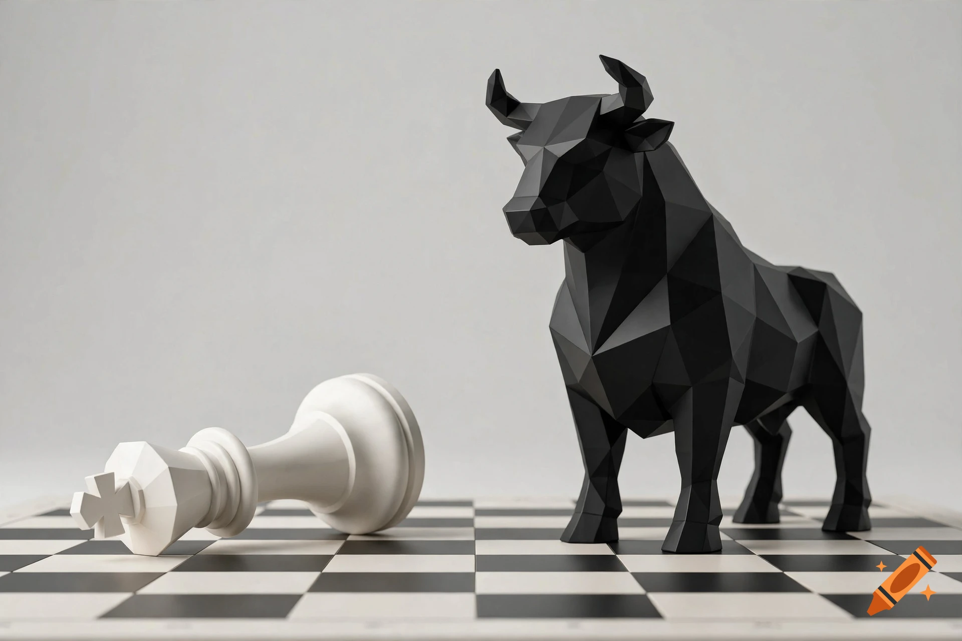 Minimalist concept art of a black geometric bull chess piece standing victoriously over a fallen white king on a chessboard.