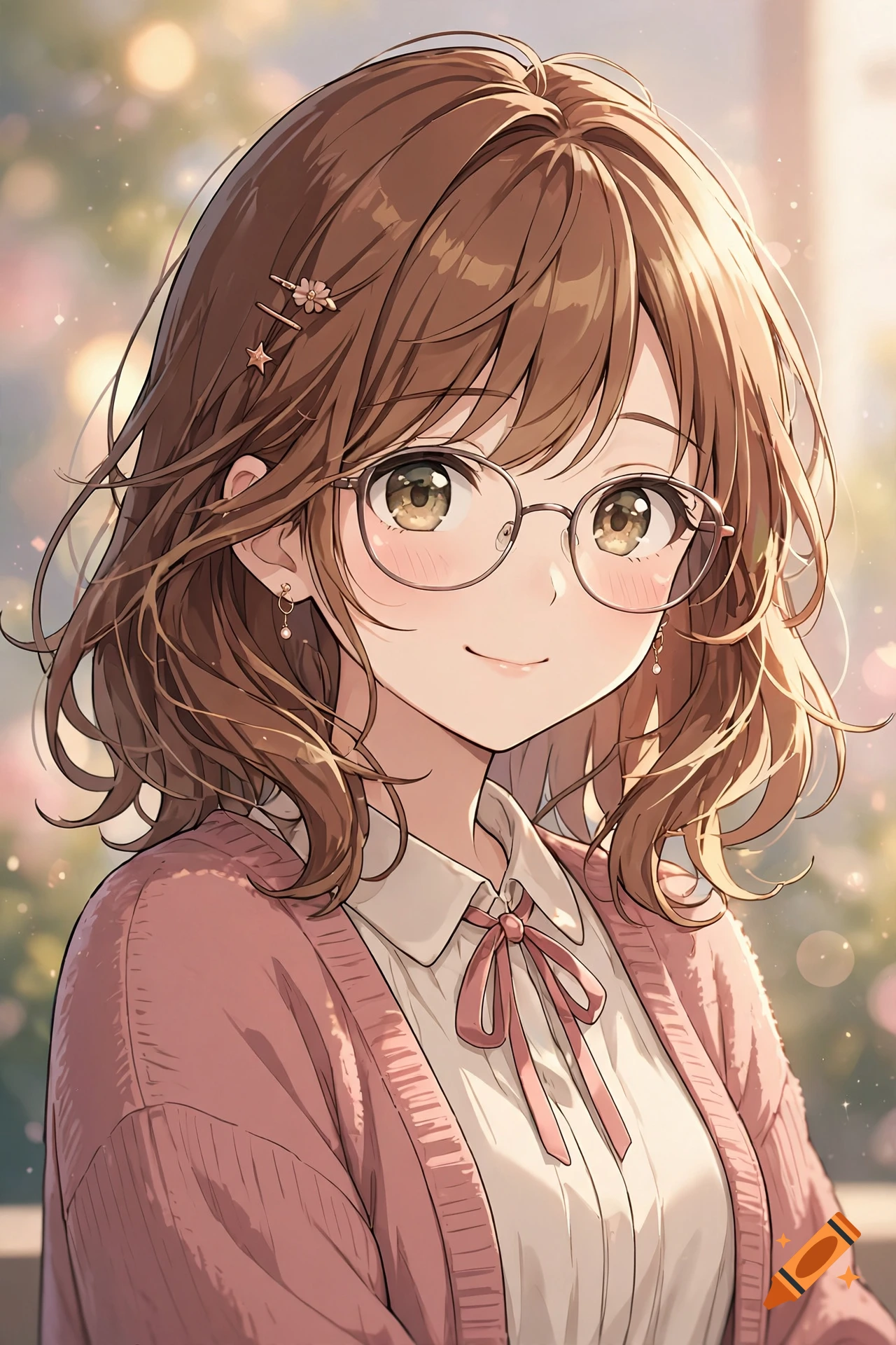 An anime-style digital portrait of a young smiling girl with short brown hair, wearing round glasses and a pink cardigan over a white collared shirt.