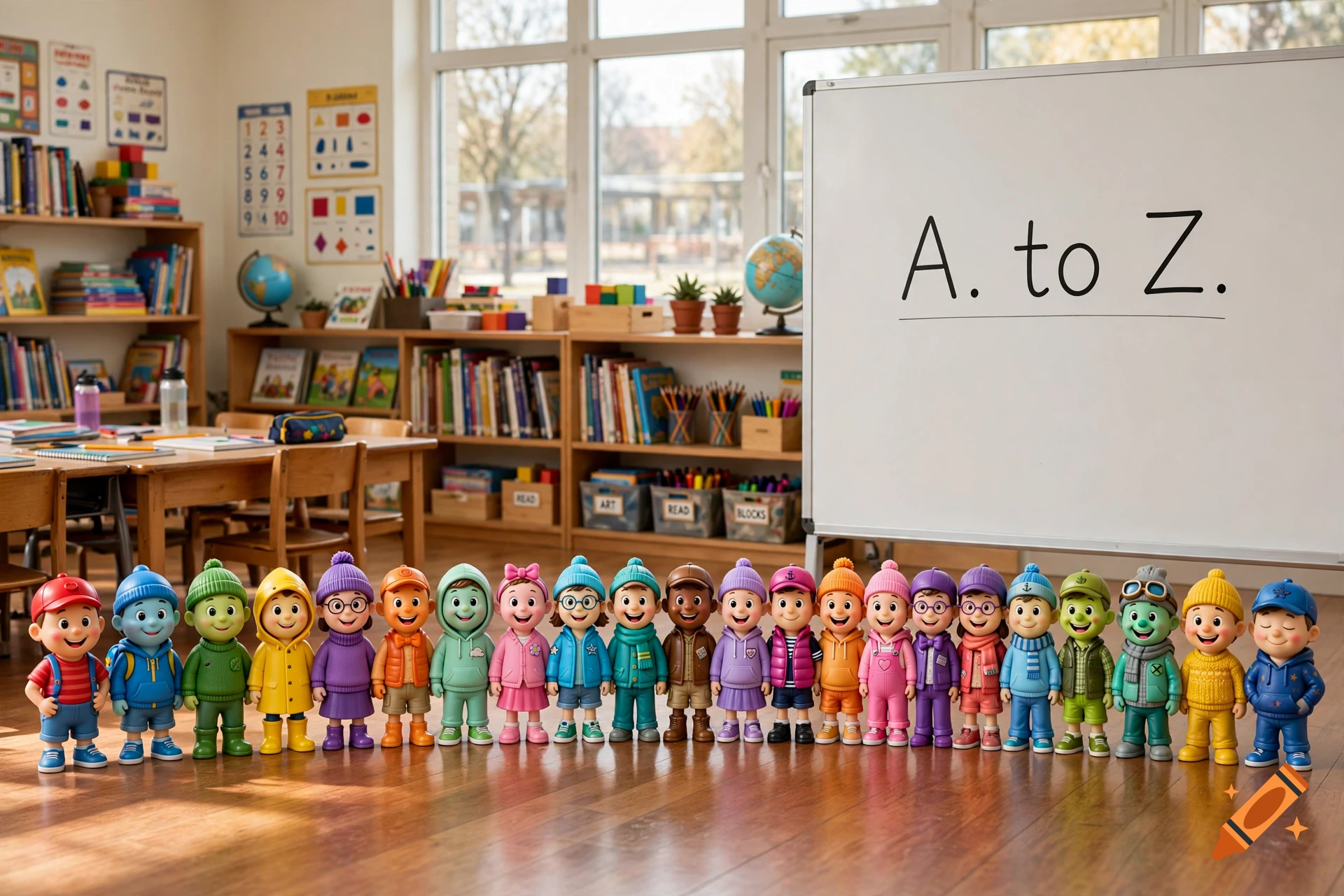 A line of twenty-six colorful character figurines standing in a classroom with a whiteboard reading 'A. to Z.'