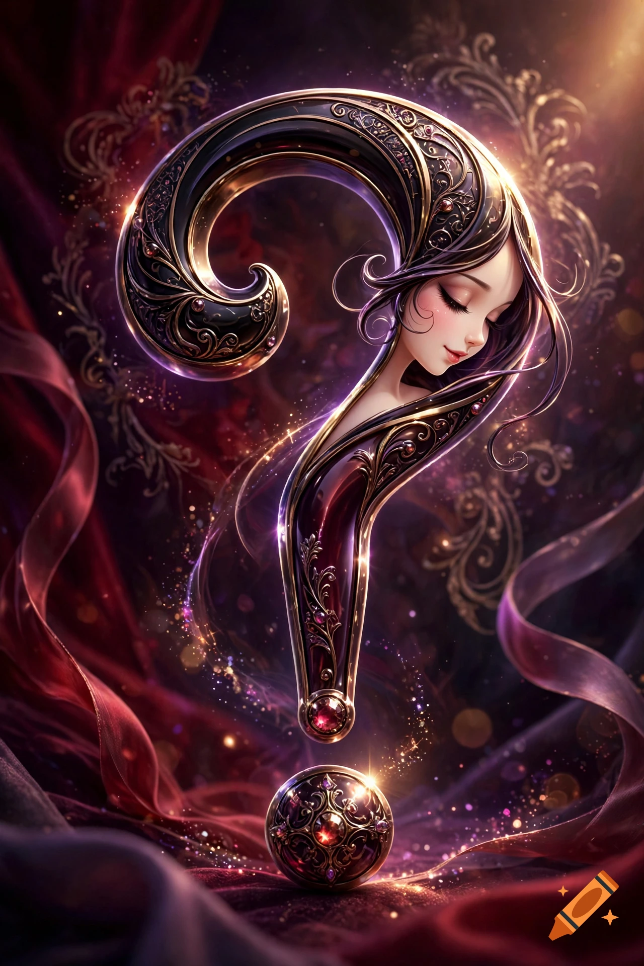 An ornate interrobang punctuation mark shaped like a stylized female figure with closed eyes, set against a background of red drapes.